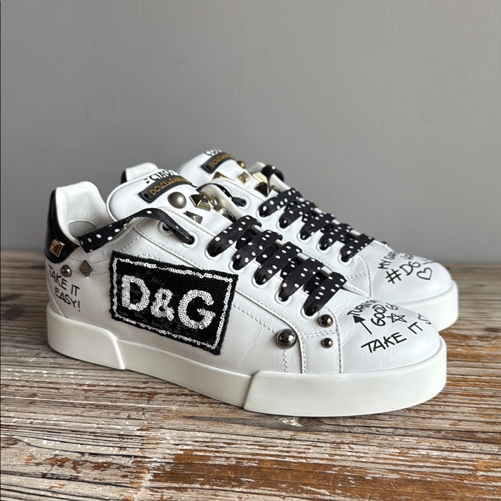 Dolce & Gabbana White Leather D&G
Sequin Sneakers Shoes Size 39